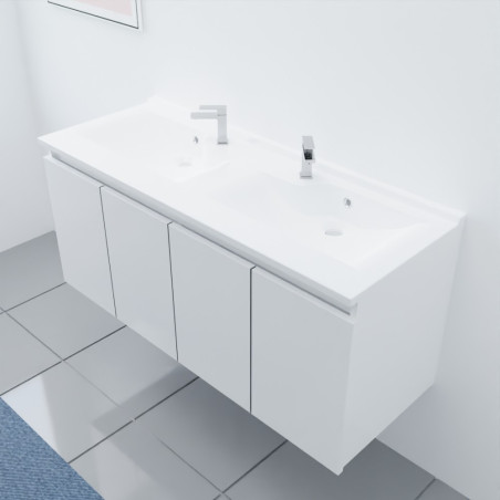Meuble salle de bain double vasque suspendu 120 cm avec porte pivotante et plan vasque PROLINE - Blanc brillant