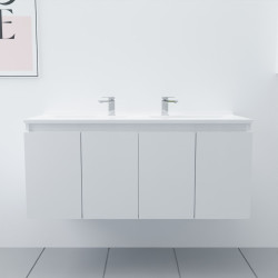 Meuble salle de bain double vasque suspendu 120 cm avec porte pivotante et plan vasque PROLINE - Blanc brillant