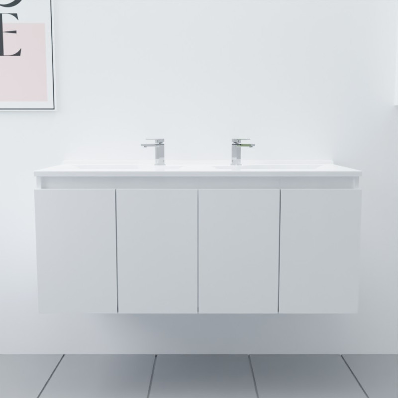 Meuble salle de bain double vasque suspendu 120 cm avec porte pivotante et plan vasque PROLINE - Blanc brillant Meuble salle de bain double vasque suspendu 120 cm avec porte pivotante et plan vasque PROLINE - Blanc brillant