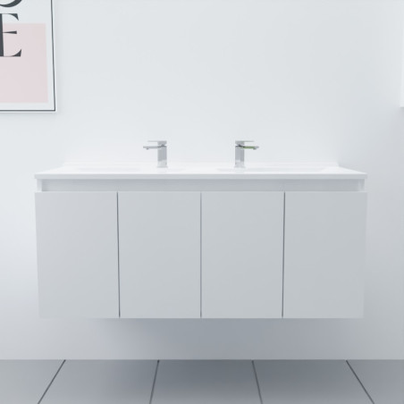 Meuble salle de bain double vasque suspendu 120 cm avec porte pivotante et plan vasque PROLINE - Blanc brillant