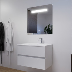 Meuble salle de bain 80 cm ROSALY avec plan vasque en résine et miroir Elégance ht80 Blanc brillant