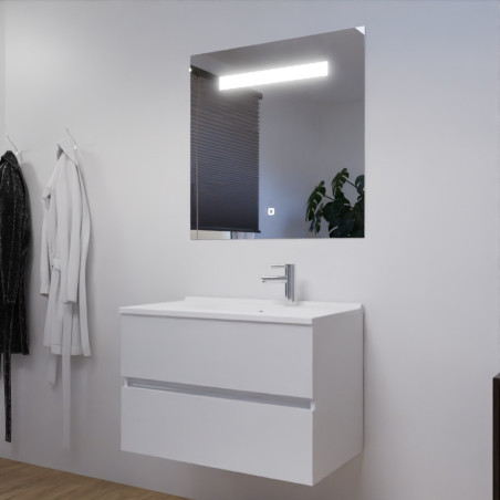 Meuble salle de bain 80 cm ROSALY avec plan vasque en résine et miroir Elégance ht80 Blanc brillant