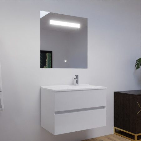 Meuble salle de bain 80 cm ROSALY avec plan vasque en résine et miroir Elégance ht80 Blanc brillant