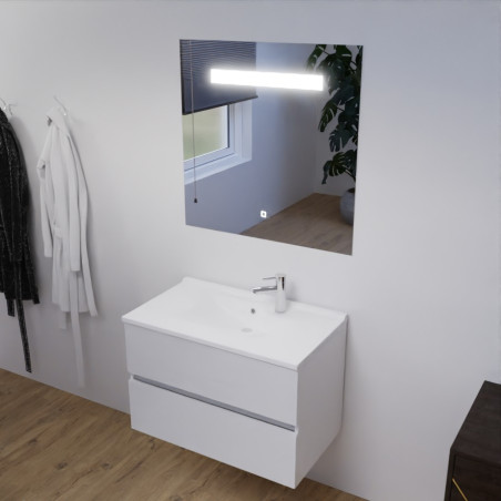 Meuble salle de bain 80 cm ROSALY avec plan vasque en résine et miroir Elégance ht80 Blanc brillant