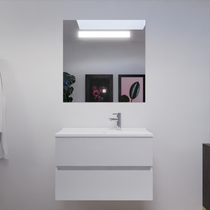 Meuble salle de bain 80 cm ROSALY avec plan vasque en résine et miroir Elégance ht80 Blanc brillant Meuble salle de bain 80 cm ROSALY avec plan vasque en résine et miroir Elégance ht80 Blanc brillant