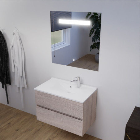Meuble salle de bain 80 cm ROSALY avec plan vasque en résine et miroir Elégance ht80 Cambrian Oak Chêne