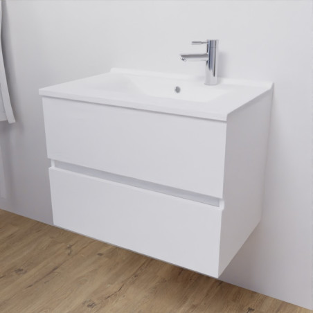 Meuble salle de bain suspendu 70 cm avec plan vasque en résine ROSALY - Blanc brillant