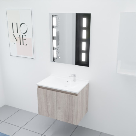 Meuble salle de bain suspendu 70 cm avec porte pivotante avec plan vasque en résine PROLINE et miroir Prestige - Cambrian Oak as