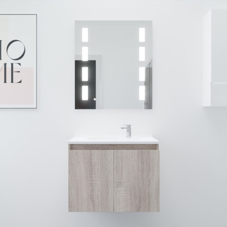 Meuble salle de bain suspendu 70 cm avec porte pivotante avec plan vasque en résine PROLINE et miroir Prestige - Cambrian Oak as