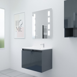 Meuble salle de bain suspendu 70 cm avec porte pivotante avec plan vasque en résine PROLINE et miroir Prestige - Gris anthracite