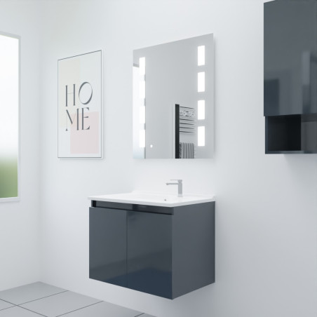 Meuble salle de bain suspendu 70 cm avec porte pivotante avec plan vasque en résine PROLINE et miroir Prestige - Gris anthracite