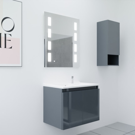 Meuble salle de bain suspendu 70 cm avec porte pivotante avec plan vasque en résine PROLINE et miroir Prestige - Gris anthracite