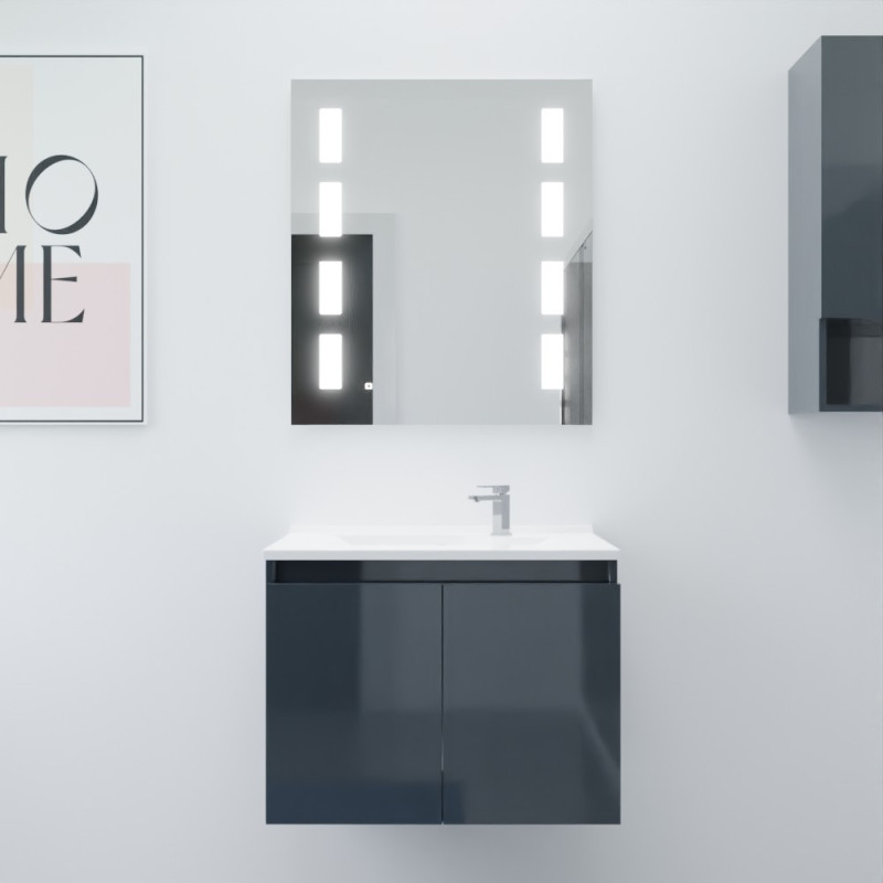 Meuble salle de bain suspendu 70 cm avec porte pivotante avec plan vasque en résine PROLINE et miroir Prestige - Gris anthracite Meuble salle de bain suspendu 70 cm avec porte pivotante avec plan vasque en résine PROLINE et miroir Prestige - Gris anthracite