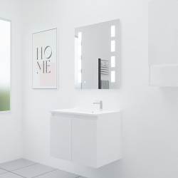 Meuble salle de bain suspendu 70 cm avec porte pivotante avec plan vasque en résine PROLINE et miroir Prestige - Blanc brillant