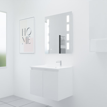 Meuble salle de bain suspendu 70 cm avec porte pivotante avec plan vasque en résine PROLINE et miroir Prestige - Blanc brillant
