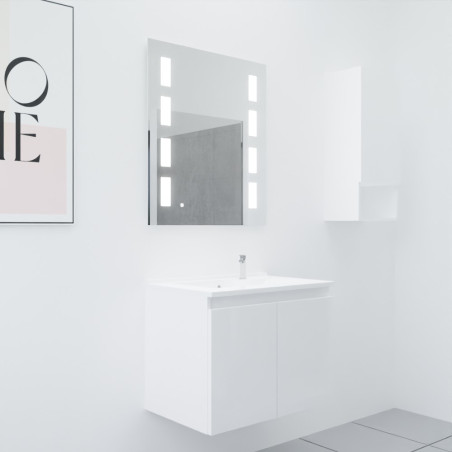 Meuble salle de bain suspendu 70 cm avec porte pivotante avec plan vasque en résine PROLINE et miroir Prestige - Blanc brillant