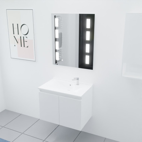Meuble salle de bain suspendu 70 cm avec porte pivotante avec plan vasque en résine PROLINE et miroir Prestige - Blanc brillant
