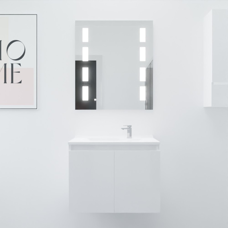 Meuble salle de bain suspendu 70 cm avec porte pivotante avec plan vasque en résine PROLINE et miroir Prestige - Blanc brillant Meuble salle de bain suspendu 70 cm avec porte pivotante avec plan vasque en résine PROLINE et miroir Prestige - Blanc brillant