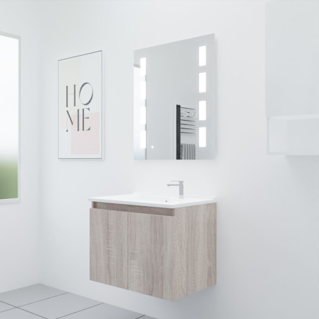 Meuble salle de bain suspendu 70 cm avec porte pivotante avec plan vasque en résine PROLINE et miroir Prestige - Cambrian Oak as