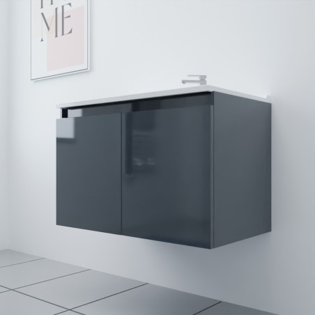 Meuble salle de bain suspendu 80 cm avec porte pivotante et plan vasque PROLINE - Gris anthracite