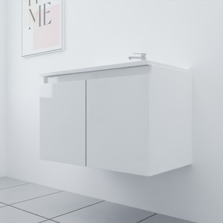 Meuble salle de bain suspendu 80 cm avec porte pivotante et plan vasque PROLINE - Blanc brillant