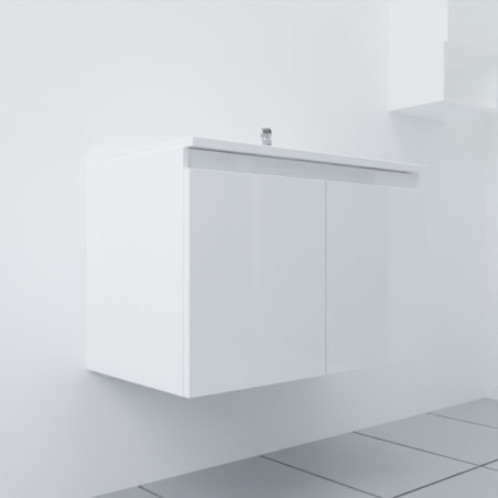 Meuble salle de bain suspendu 80 cm avec porte pivotante et plan vasque PROLINE - Blanc brillant