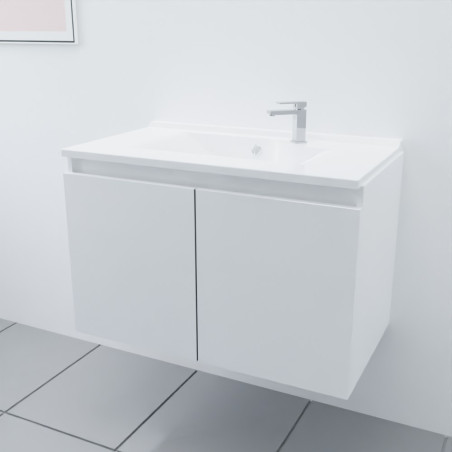 Meuble salle de bain suspendu 80 cm avec porte pivotante et plan vasque PROLINE - Blanc brillant