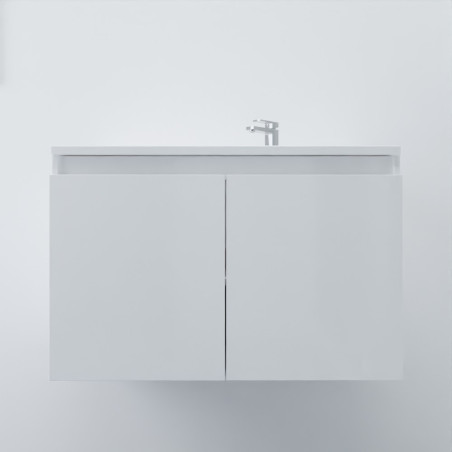 Meuble salle de bain suspendu 80 cm avec porte pivotante et plan vasque PROLINE - Blanc brillant