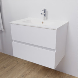 Meuble salle de bain suspendu 70 cm avec plan vasque en céramique ROSALY - Blanc brillant