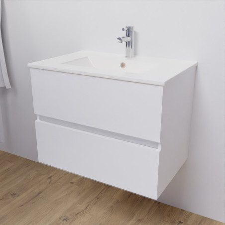 Meuble salle de bain suspendu 70 cm avec plan vasque en céramique ROSALY - Blanc brillant