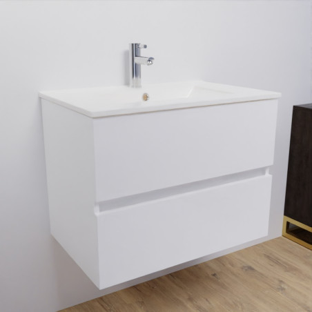 Meuble salle de bain suspendu 70 cm avec plan vasque en céramique ROSALY - Blanc brillant