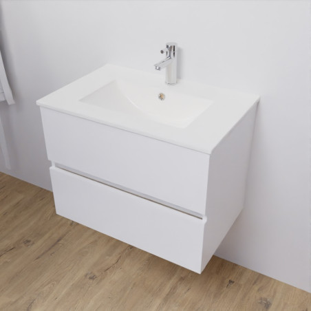 Meuble salle de bain suspendu 70 cm avec plan vasque en céramique ROSALY - Blanc brillant