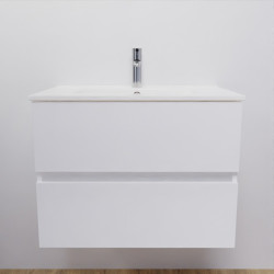 Meuble salle de bain suspendu 70 cm avec plan vasque en céramique ROSALY - Blanc brillant