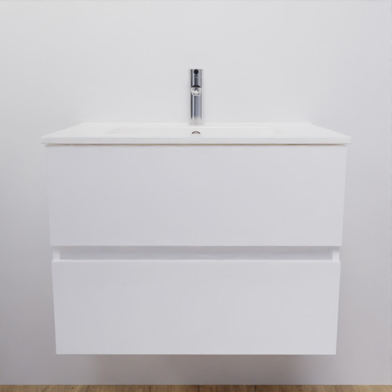 Meuble salle de bain suspendu 70 cm avec plan vasque en céramique ROSALY - Blanc brillant Meuble salle de bain suspendu 70 cm avec plan vasque en céramique ROSALY - Blanc brillant