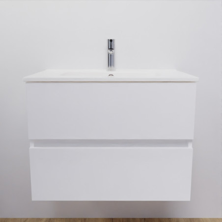 Meuble salle de bain suspendu 70 cm avec plan vasque en céramique ROSALY - Blanc brillant