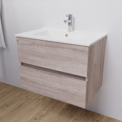 Meuble salle de bain suspendu 70 cm avec plan vasque en céramique ROSALY - Cambrian Oak aspect chêne
