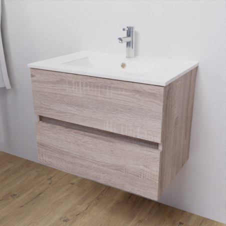 Meuble salle de bain suspendu 70 cm avec plan vasque en céramique ROSALY - Cambrian Oak aspect chêne