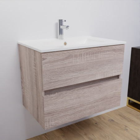 Meuble salle de bain suspendu 70 cm avec plan vasque en céramique ROSALY - Cambrian Oak aspect chêne
