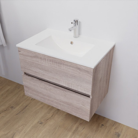 Meuble salle de bain suspendu 70 cm avec plan vasque en céramique ROSALY - Cambrian Oak aspect chêne