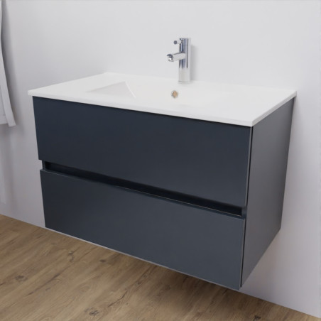 Meuble salle de bain suspendu 80 cm avec plan vasque en céramique ROSALY - Gris anthracite