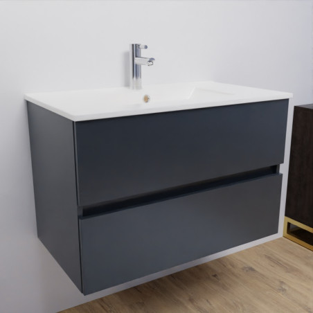 Meuble salle de bain suspendu 80 cm avec plan vasque en céramique ROSALY - Gris anthracite