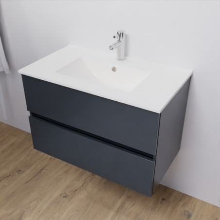 Meuble salle de bain suspendu 80 cm avec plan vasque en céramique ROSALY - Gris anthracite