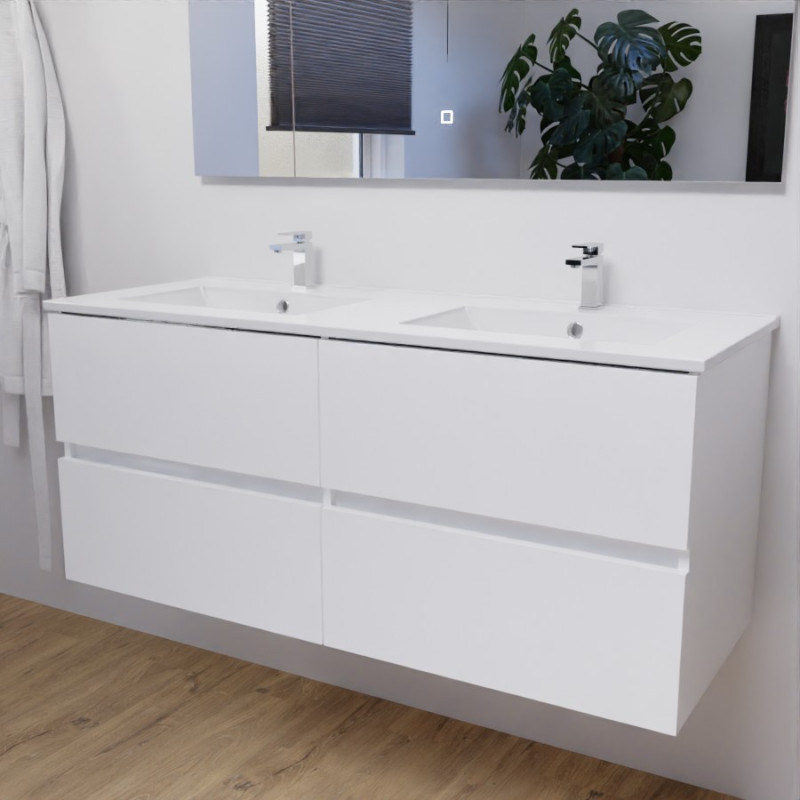 Meuble salle de bain double vasque suspendu 120 cm avec plan vasque en céramique ROSALY - Blanc brillant Meuble salle de bain double vasque suspendu 120 cm avec plan vasque en céramique ROSALY - Blanc brillant