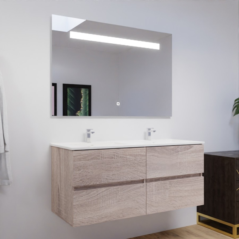 Meuble salle de bain double vasque suspendu 120 cm avec plan vasque ROSALY et miroir led Elegance h80 cm - Cambrian Oak Chêne Meuble salle de bain double vasque suspendu 120 cm avec plan vasque ROSALY et miroir led Elegance h80 cm - Cambrian Oak Chêne