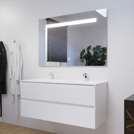 Meuble salle de bain double vasque suspendu 120 cm avec plan vasque ROSALY et miroir led Elegance h80 cm - Blanc brillant