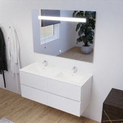 Meuble salle de bain double vasque suspendu 120 cm avec plan vasque ROSALY et miroir led Elegance h80 cm - Blanc brillant