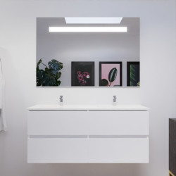 Meuble salle de bain double vasque suspendu 120 cm avec plan vasque ROSALY et miroir led Elegance h80 cm - Blanc brillant