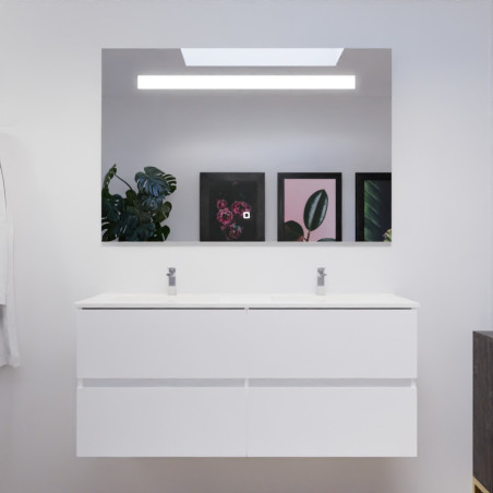 Meuble salle de bain double vasque suspendu 120 cm avec plan vasque ROSALY et miroir led Elegance h80 cm - Blanc brillant