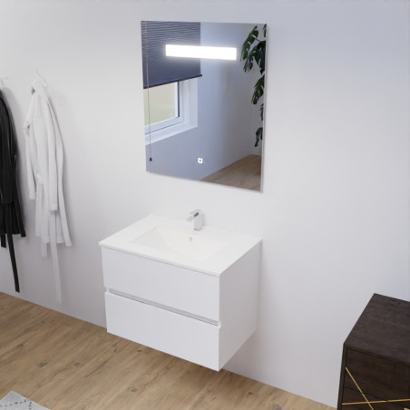 Meuble ROSALY 70 cm avec plan vasque en céramique et miroir Elegance Hauteur 80 cm - Blanc brillant