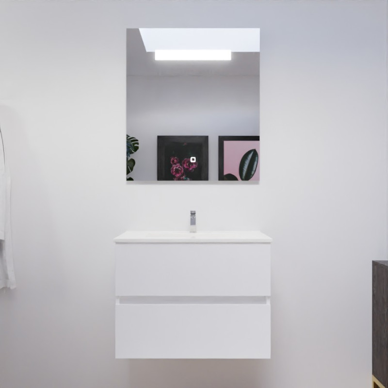 Meuble ROSALY 70 cm avec plan vasque en céramique et miroir Elegance Hauteur 80 cm - Blanc brillant Meuble ROSALY 70 cm avec plan vasque en céramique et miroir Elegance Hauteur 80 cm - Blanc brillant